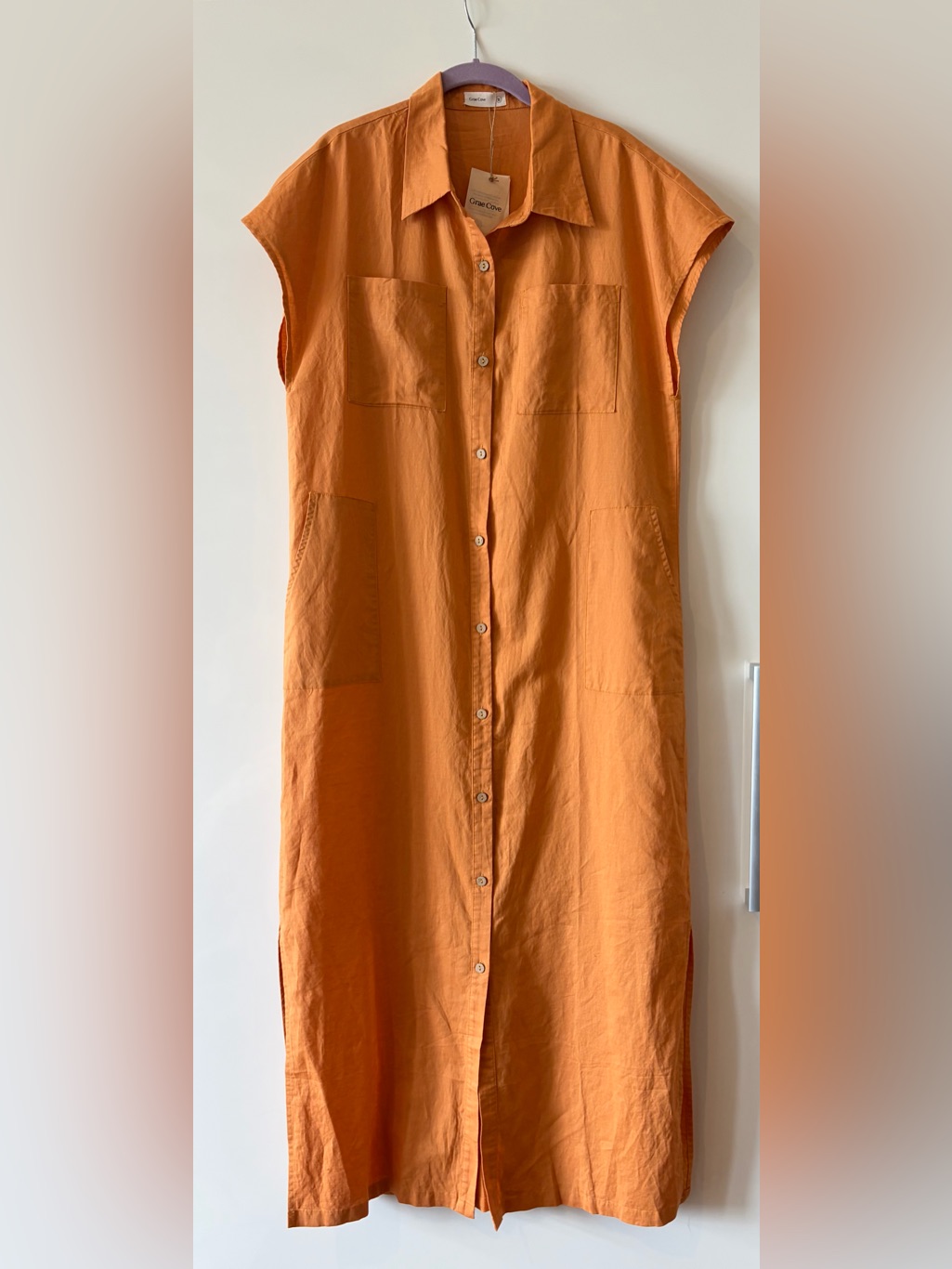 Nwt Grae Cove Blair Linen/Cotton Maxi Shirtdress Cap Sleeve Size Xl Melon Orange — image 3 of 8